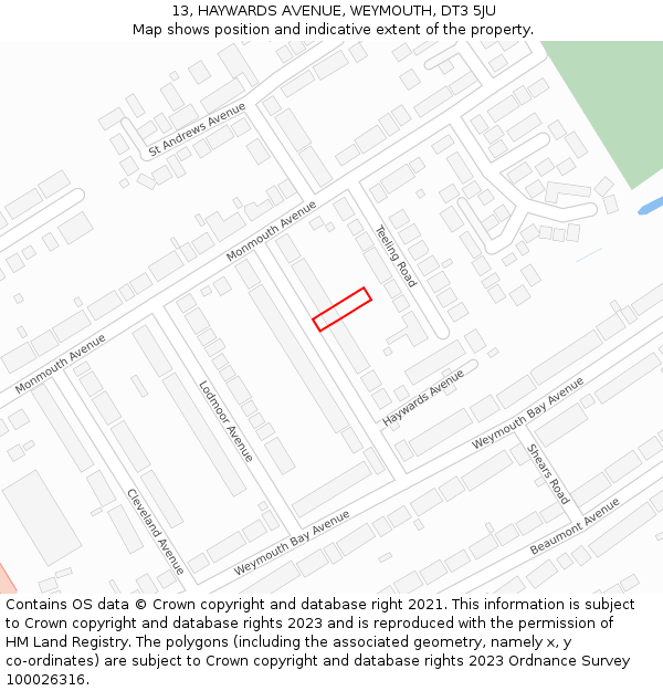 13, HAYWARDS AVENUE, WEYMOUTH, DT3 5JU: Location map and indicative extent of plot