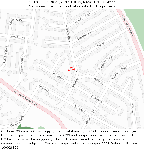 13, HIGHFIELD DRIVE, PENDLEBURY, MANCHESTER, M27 4JE: Location map and indicative extent of plot