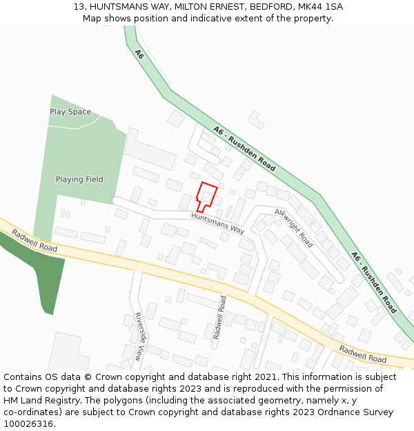 13, HUNTSMANS WAY, MILTON ERNEST, BEDFORD, MK44 1SA: Location map and indicative extent of plot