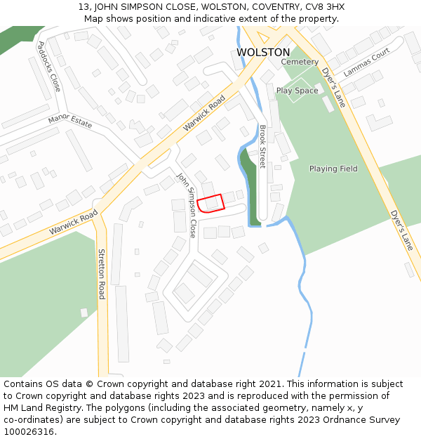 13, JOHN SIMPSON CLOSE, WOLSTON, COVENTRY, CV8 3HX: Location map and indicative extent of plot