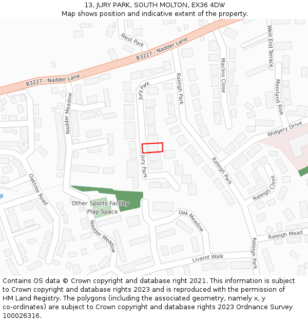 13, JURY PARK, SOUTH MOLTON, EX36 4DW: Location map and indicative extent of plot