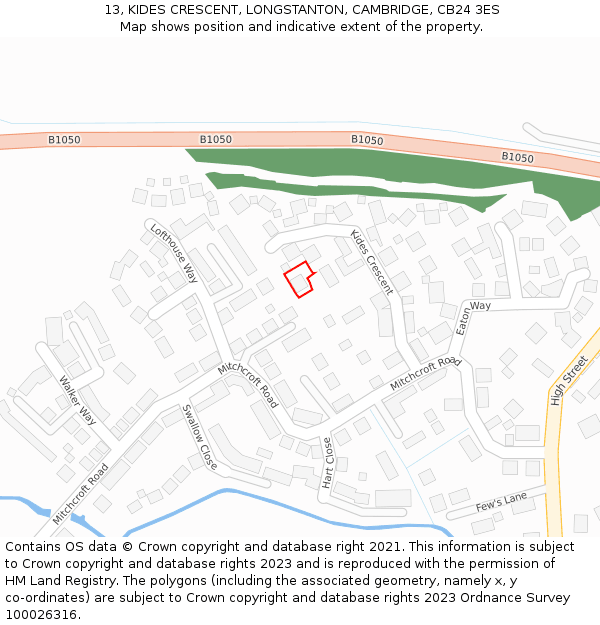 13, KIDES CRESCENT, LONGSTANTON, CAMBRIDGE, CB24 3ES: Location map and indicative extent of plot