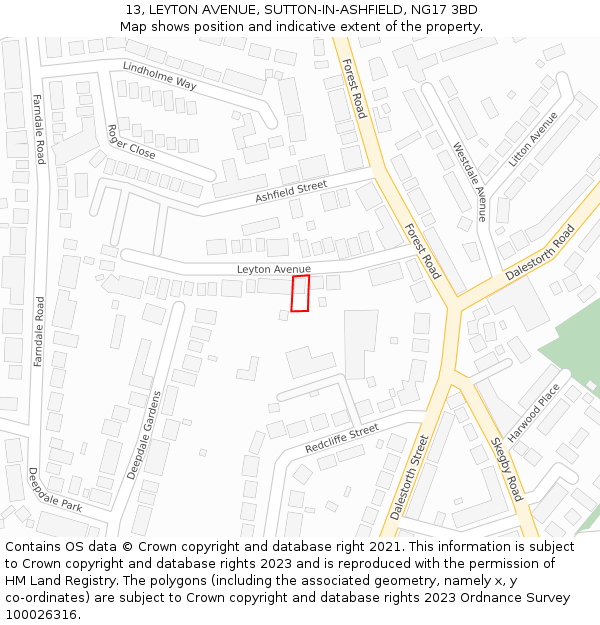 13, LEYTON AVENUE, SUTTON-IN-ASHFIELD, NG17 3BD: Location map and indicative extent of plot