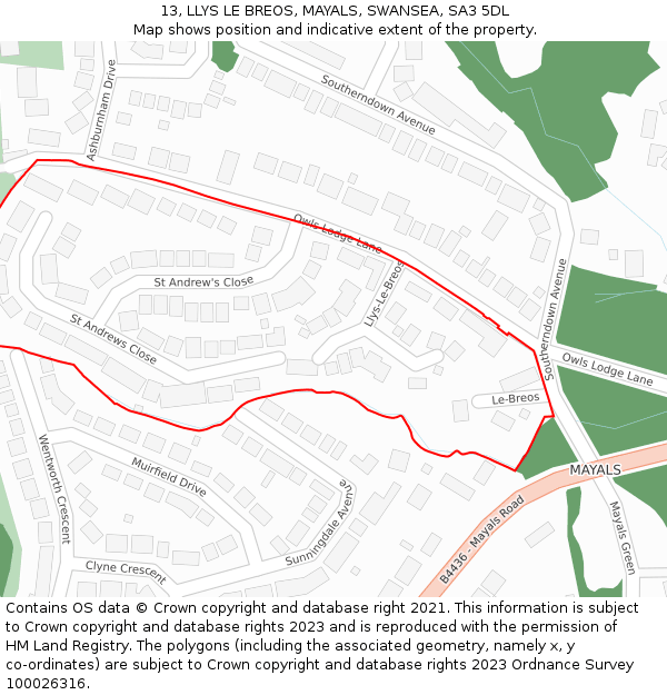 13, LLYS LE BREOS, MAYALS, SWANSEA, SA3 5DL: Location map and indicative extent of plot