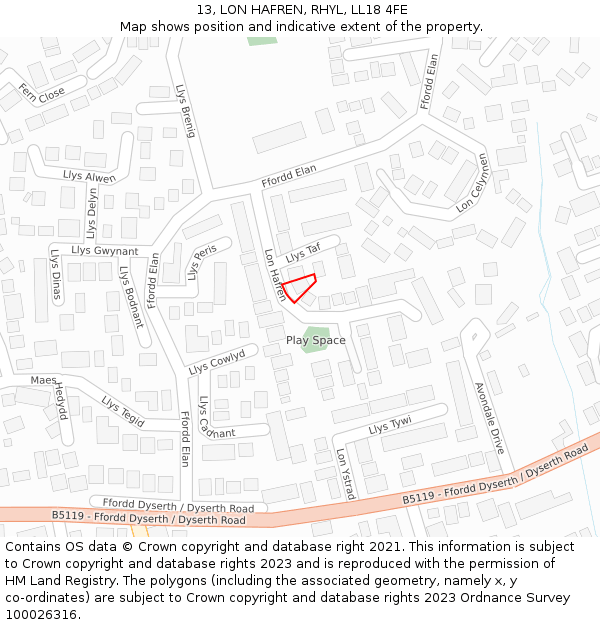 13, LON HAFREN, RHYL, LL18 4FE: Location map and indicative extent of plot