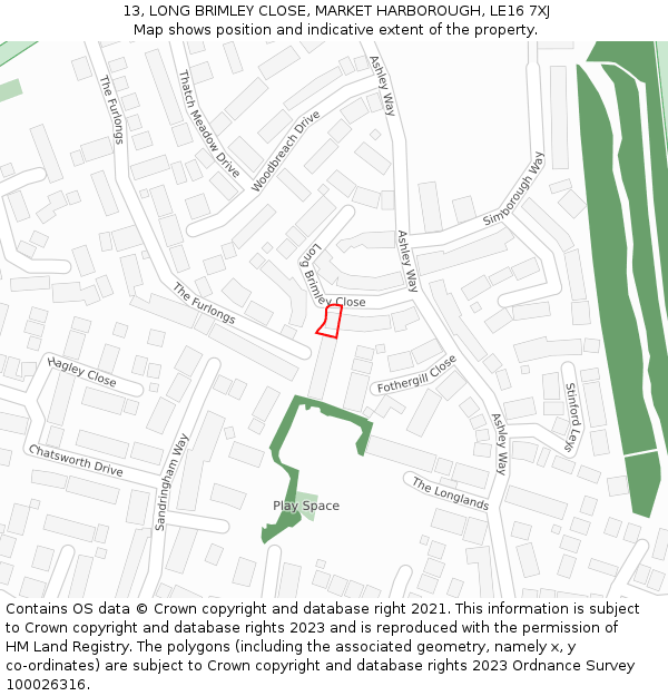 13, LONG BRIMLEY CLOSE, MARKET HARBOROUGH, LE16 7XJ: Location map and indicative extent of plot