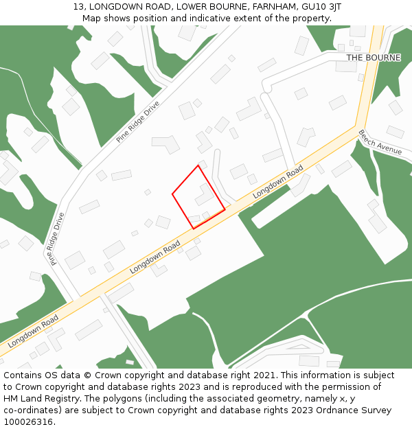 13, LONGDOWN ROAD, LOWER BOURNE, FARNHAM, GU10 3JT: Location map and indicative extent of plot