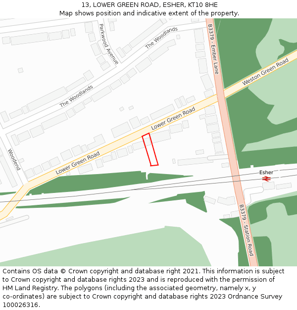 13, LOWER GREEN ROAD, ESHER, KT10 8HE: Location map and indicative extent of plot