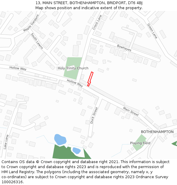 13, MAIN STREET, BOTHENHAMPTON, BRIDPORT, DT6 4BJ: Location map and indicative extent of plot