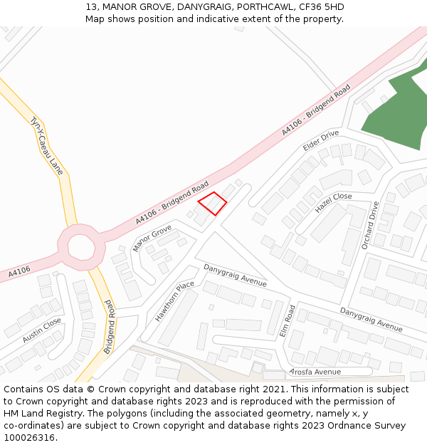 13, MANOR GROVE, DANYGRAIG, PORTHCAWL, CF36 5HD: Location map and indicative extent of plot