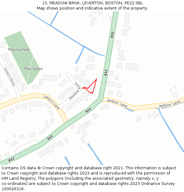 13, MEADOW BANK, LEVERTON, BOSTON, PE22 0BL: Location map and indicative extent of plot