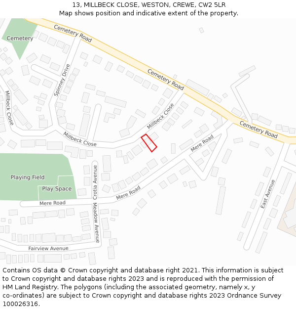 13, MILLBECK CLOSE, WESTON, CREWE, CW2 5LR: Location map and indicative extent of plot