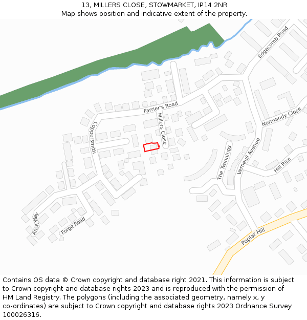 13, MILLERS CLOSE, STOWMARKET, IP14 2NR: Location map and indicative extent of plot