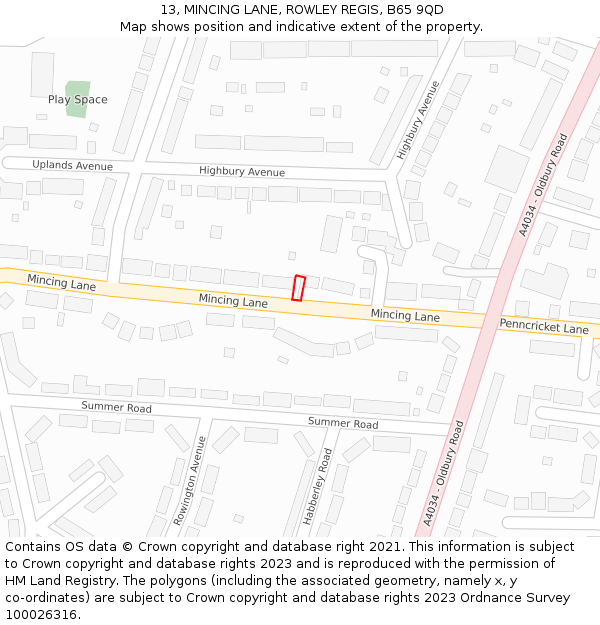 13, MINCING LANE, ROWLEY REGIS, B65 9QD: Location map and indicative extent of plot