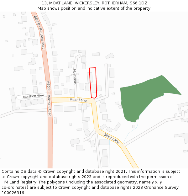 13, MOAT LANE, WICKERSLEY, ROTHERHAM, S66 1DZ: Location map and indicative extent of plot