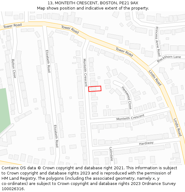 13, MONTEITH CRESCENT, BOSTON, PE21 9AX: Location map and indicative extent of plot