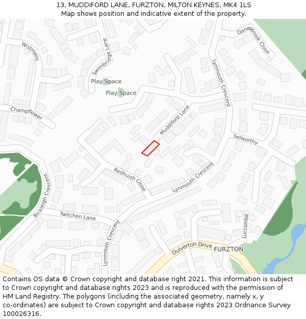 13, MUDDIFORD LANE, FURZTON, MILTON KEYNES, MK4 1LS: Location map and indicative extent of plot