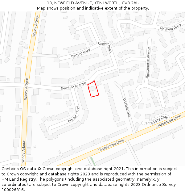 13, NEWFIELD AVENUE, KENILWORTH, CV8 2AU: Location map and indicative extent of plot