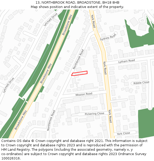 13, NORTHBROOK ROAD, BROADSTONE, BH18 8HB: Location map and indicative extent of plot