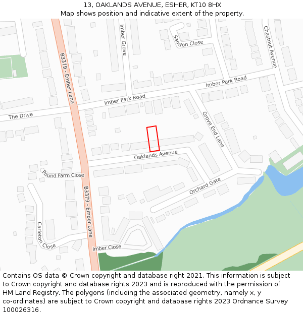 13, OAKLANDS AVENUE, ESHER, KT10 8HX: Location map and indicative extent of plot