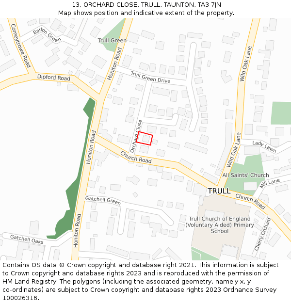 13, ORCHARD CLOSE, TRULL, TAUNTON, TA3 7JN: Location map and indicative extent of plot