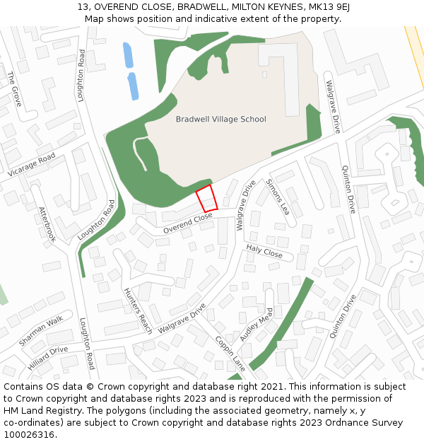 13, OVEREND CLOSE, BRADWELL, MILTON KEYNES, MK13 9EJ: Location map and indicative extent of plot