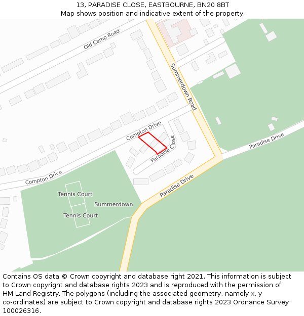 13, PARADISE CLOSE, EASTBOURNE, BN20 8BT: Location map and indicative extent of plot