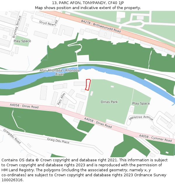 13, PARC AFON, TONYPANDY, CF40 1JP: Location map and indicative extent of plot