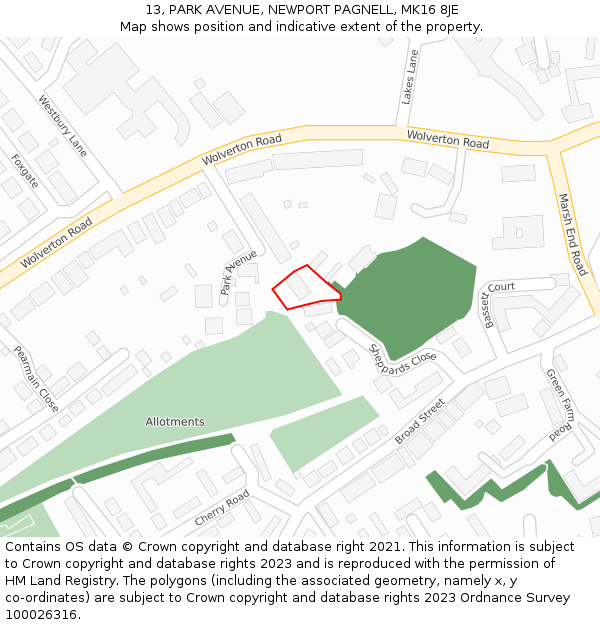 13, PARK AVENUE, NEWPORT PAGNELL, MK16 8JE: Location map and indicative extent of plot