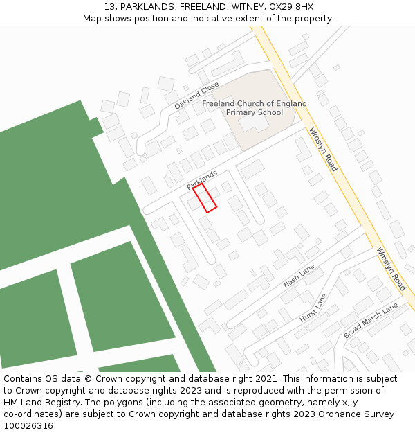 13, PARKLANDS, FREELAND, WITNEY, OX29 8HX: Location map and indicative extent of plot