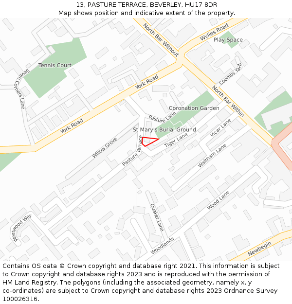 13, PASTURE TERRACE, BEVERLEY, HU17 8DR: Location map and indicative extent of plot