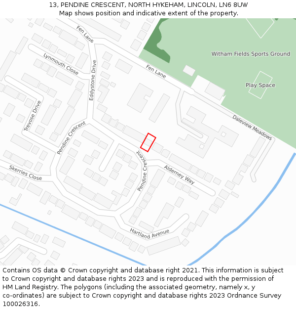 13, PENDINE CRESCENT, NORTH HYKEHAM, LINCOLN, LN6 8UW: Location map and indicative extent of plot