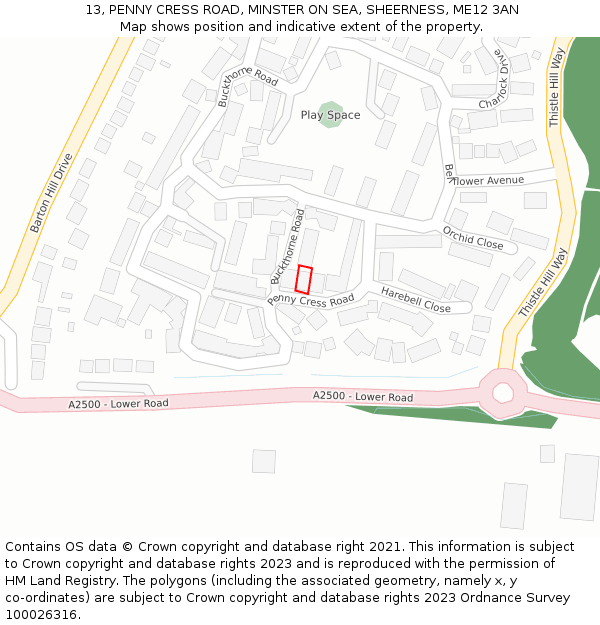 13, PENNY CRESS ROAD, MINSTER ON SEA, SHEERNESS, ME12 3AN: Location map and indicative extent of plot