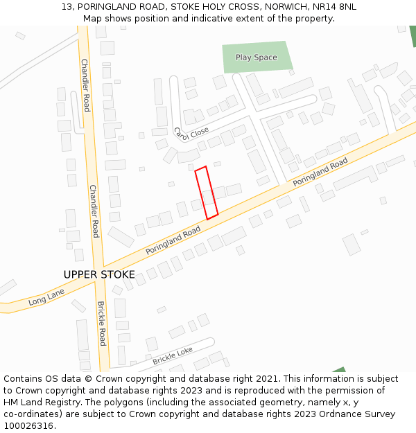 13, PORINGLAND ROAD, STOKE HOLY CROSS, NORWICH, NR14 8NL: Location map and indicative extent of plot