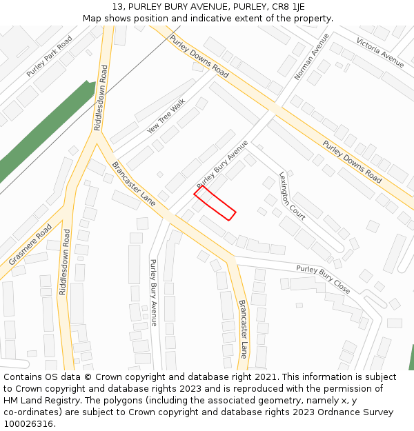 13, PURLEY BURY AVENUE, PURLEY, CR8 1JE: Location map and indicative extent of plot