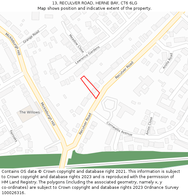 13, RECULVER ROAD, HERNE BAY, CT6 6LG: Location map and indicative extent of plot