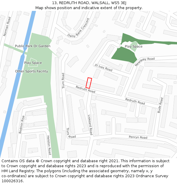 13, REDRUTH ROAD, WALSALL, WS5 3EJ: Location map and indicative extent of plot