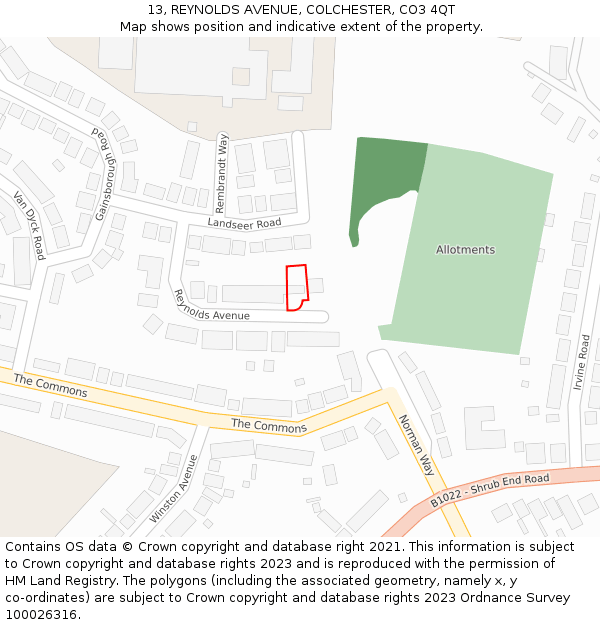 13, REYNOLDS AVENUE, COLCHESTER, CO3 4QT: Location map and indicative extent of plot