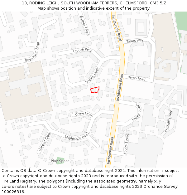 13, RODING LEIGH, SOUTH WOODHAM FERRERS, CHELMSFORD, CM3 5JZ: Location map and indicative extent of plot