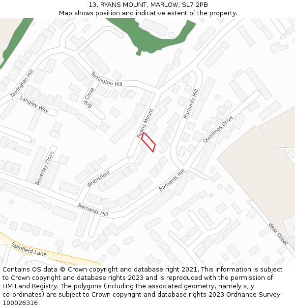 13, RYANS MOUNT, MARLOW, SL7 2PB: Location map and indicative extent of plot