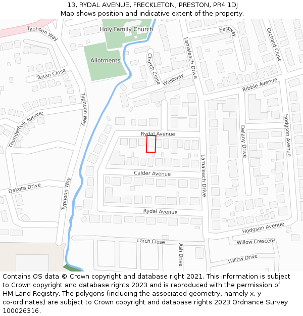 13, RYDAL AVENUE, FRECKLETON, PRESTON, PR4 1DJ: Location map and indicative extent of plot