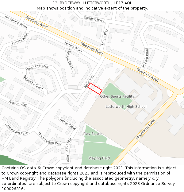 13, RYDERWAY, LUTTERWORTH, LE17 4QL: Location map and indicative extent of plot