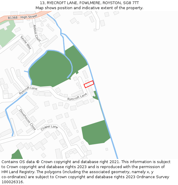 13, RYECROFT LANE, FOWLMERE, ROYSTON, SG8 7TT: Location map and indicative extent of plot