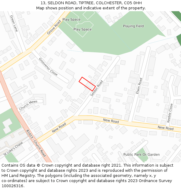 13, SELDON ROAD, TIPTREE, COLCHESTER, CO5 0HH: Location map and indicative extent of plot