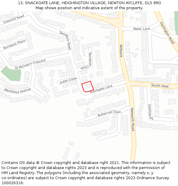 13, SNACKGATE LANE, HEIGHINGTON VILLAGE, NEWTON AYCLIFFE, DL5 6RG: Location map and indicative extent of plot