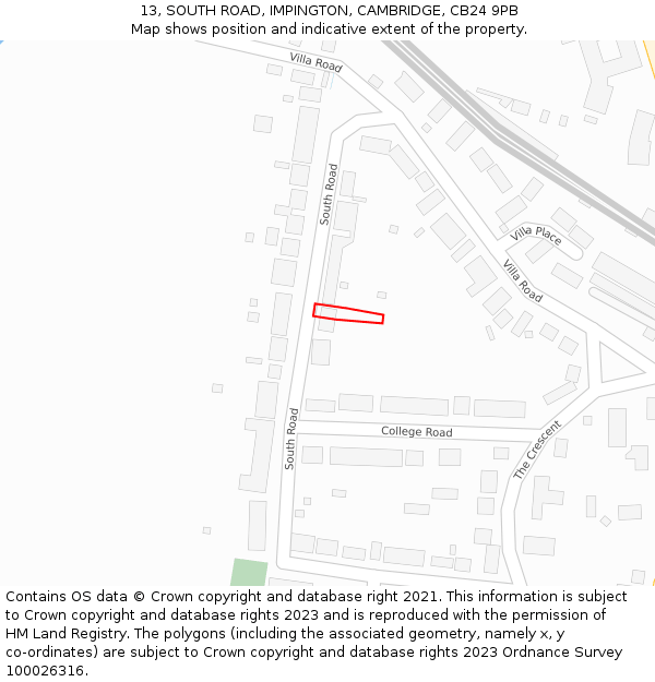 13, SOUTH ROAD, IMPINGTON, CAMBRIDGE, CB24 9PB: Location map and indicative extent of plot