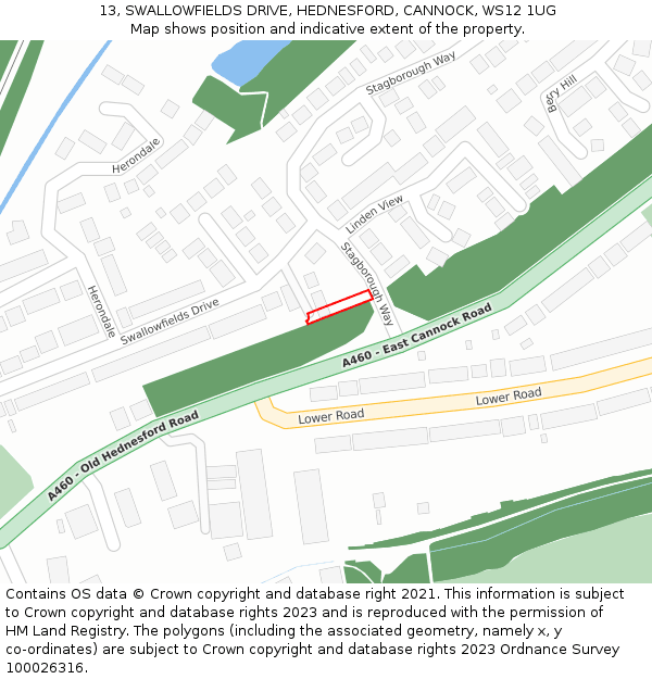 13, SWALLOWFIELDS DRIVE, HEDNESFORD, CANNOCK, WS12 1UG: Location map and indicative extent of plot