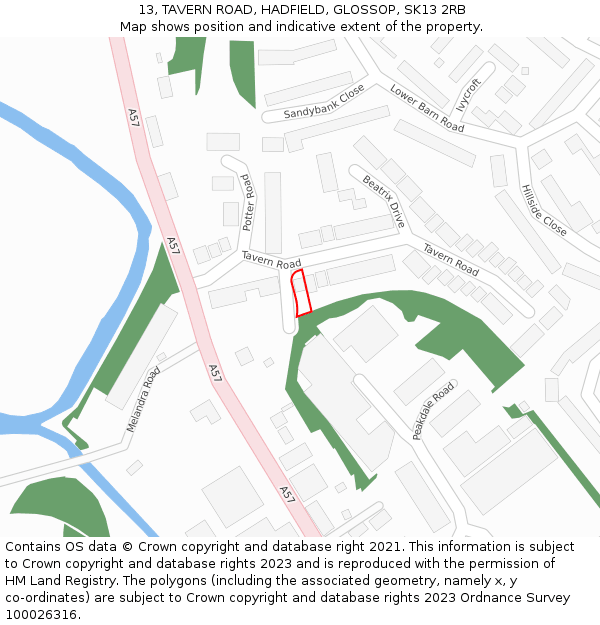 13, TAVERN ROAD, HADFIELD, GLOSSOP, SK13 2RB: Location map and indicative extent of plot
