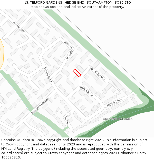 13, TELFORD GARDENS, HEDGE END, SOUTHAMPTON, SO30 2TQ: Location map and indicative extent of plot