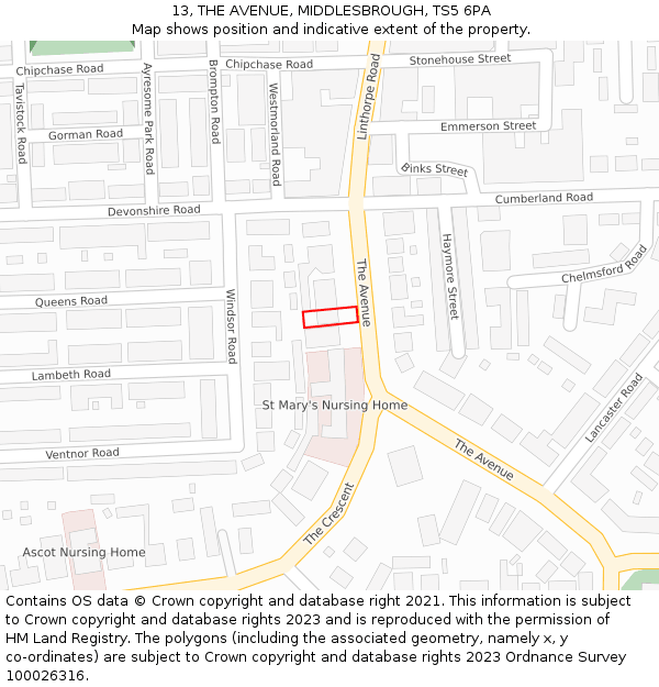 13, THE AVENUE, MIDDLESBROUGH, TS5 6PA: Location map and indicative extent of plot